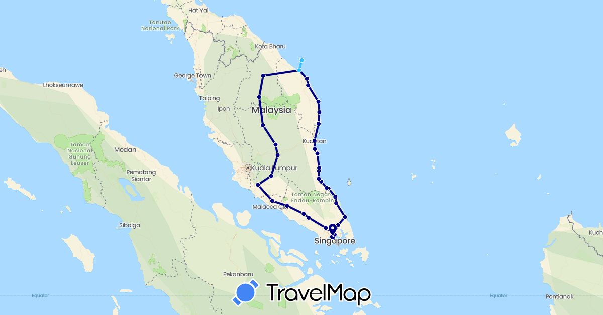 TravelMap itinerary: driving, boat in Malaysia, Singapore (Asia)
